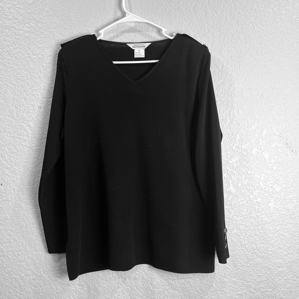 Misook Knit Top Women XL Black V-Neck Long Sleeve Gold Button Accents Classic